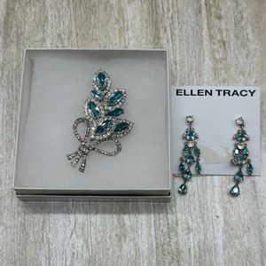 NEW Ellen Tracy Cubic Zirconia Dangle Earrings & Broach‎ Set Teal